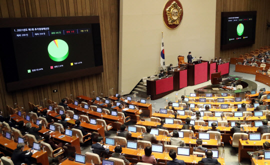 국회는 25일 오전 본회의를 열고 올해 제1회 추가경정예산안을 처리했다. 연합뉴스